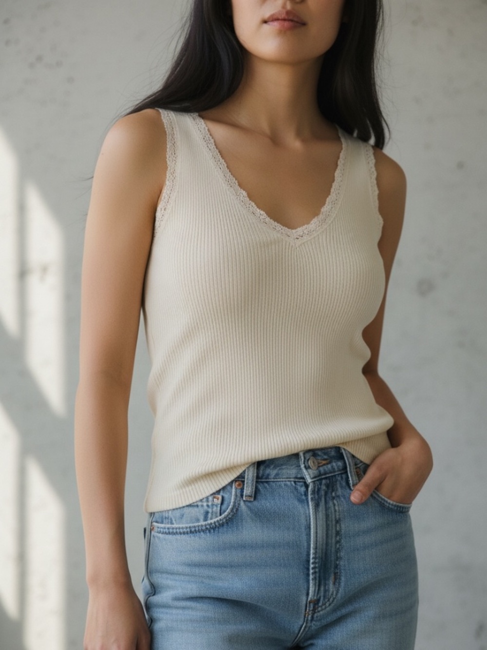 Villager • Vintage Y2K Cream Ribbed Knit Tank Top • Lace Trim • Size M